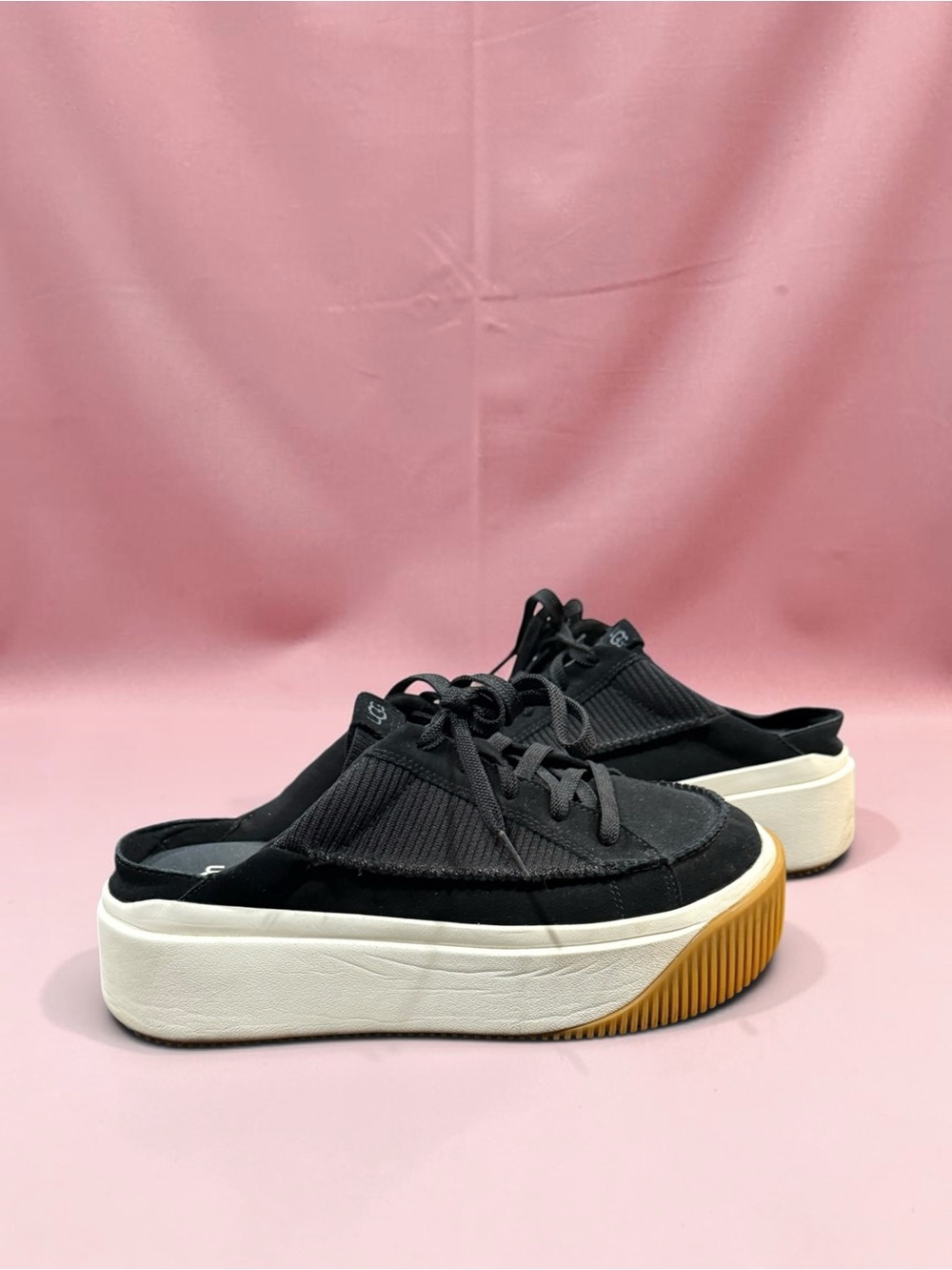 Super Comfy UGG Black Lace-Up Mule Sneakers with White Platform and Gum Outsole
